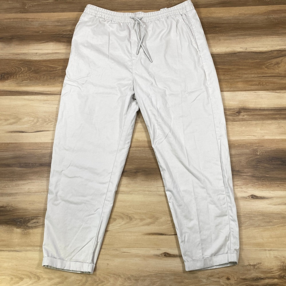 Zara Trousers Mens L Minimalist Poly Blend Drawstring Tapered Light Beige Casual